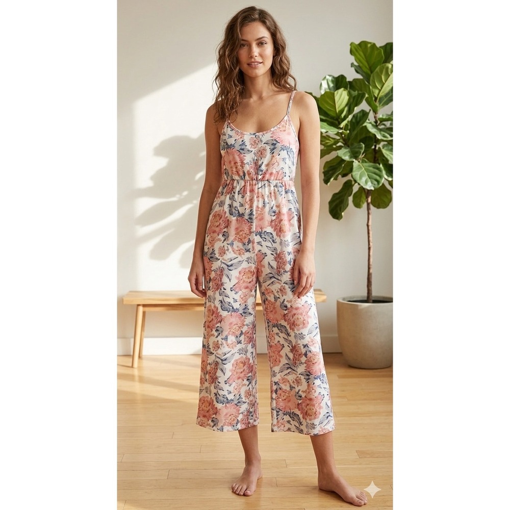 Pink‎ Floral Wide Leg Jumpsuit Sleeveless Adjustable Straps Cropped Culotte